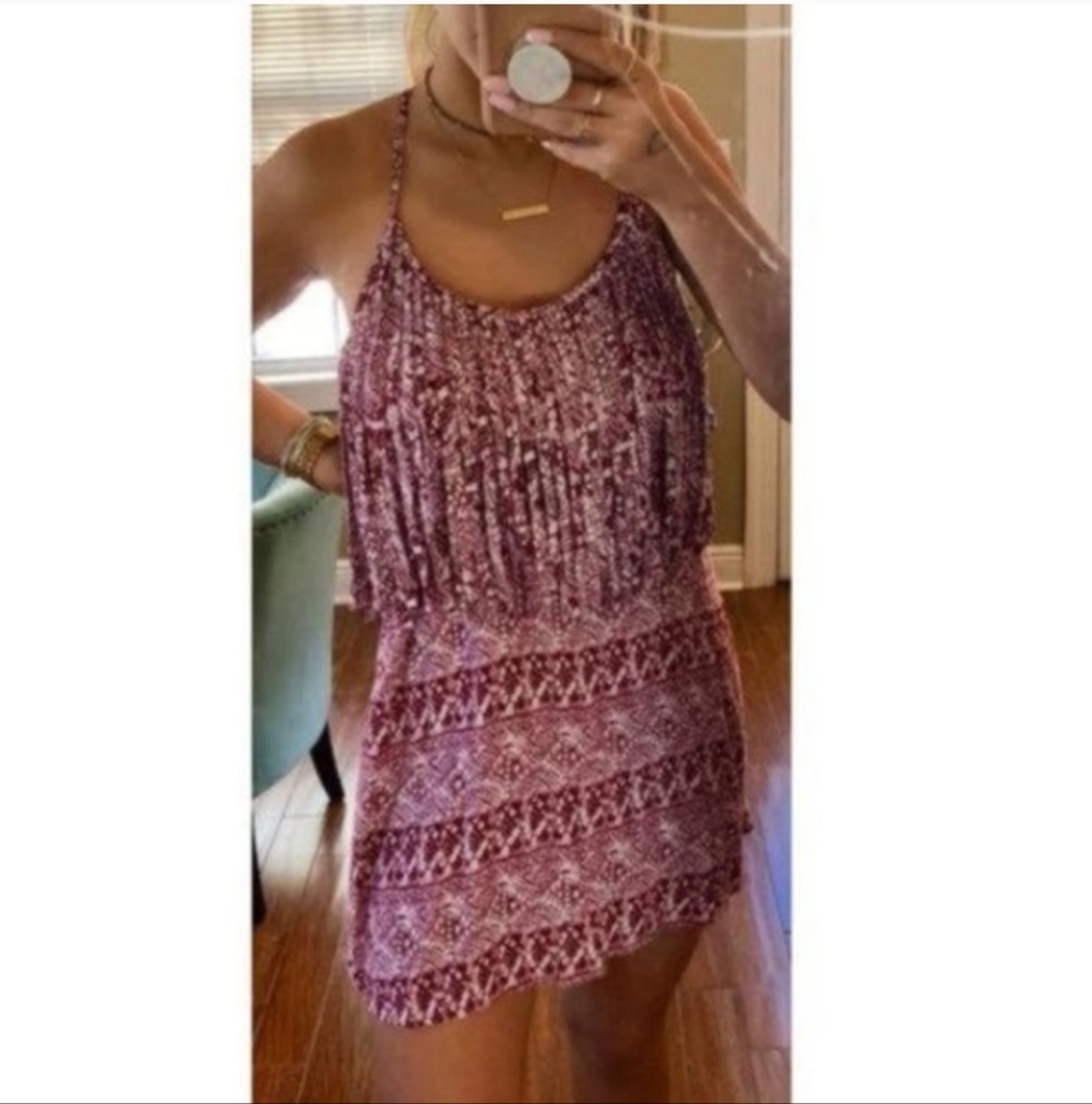 MILLAU LF Berry Red Pink Cranberry Fringe Boho Aztec Sleeveless Mini Rayon Dress